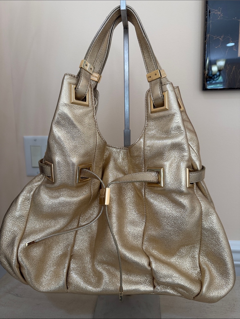 Michael Kors  Carey Pale Gold Metallic Leather Shoulder Hobo